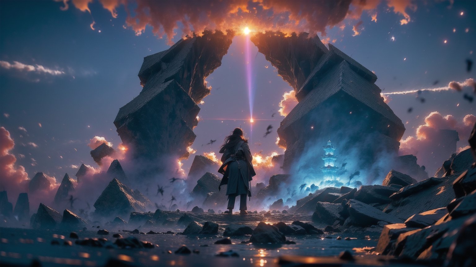 (8k, best quality, top level: 1.1), acient architecture, high mountains and white clouds, is build above the clouds, ((Acient pagoda)), morning glow, sunrise, background, flowing water and detailed elements below, a Black metal future technological gateway on the summit of a jagged mountain peak is open and leaking glowing energy and an alien planet can be seen through the portal, volumetric lighting, realistic, science fiction, large ethereal glowing blue ball that floats in the middle of the frame, it silhouettes a character standing in front of it, standing in high mountain, monk clothes, (((long hair))), ((a white dragon is standing in mountain)), white clouds, warm air, blue flow, green flow, ((heavy cloud flow)), (((depth of field))), realistic, cursed energy, (((wind))), lightning ball, r1ge