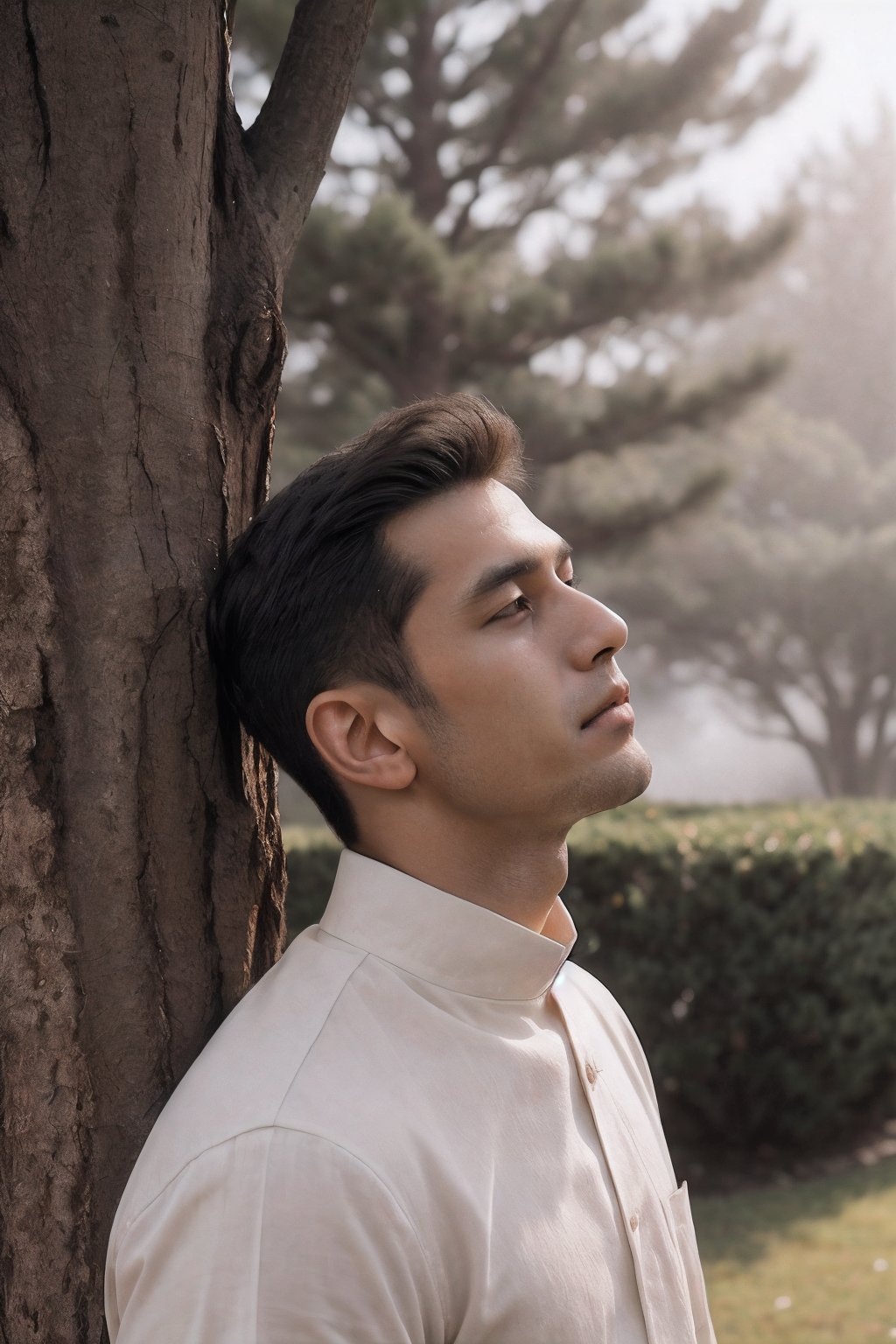 (a young man long hair is chilling under the grass in arhat pine tree garden), detailed face realistic, (((angled face))), (((vline_chin))), no mustache, no beard, (((small nose))), (((long_hair))), long_bangs, (detailed hair:1.3), (Japanese Fashion), ((white uniform monk)), sitting on old armchair, (8k, best quality, top level: 1.1), (((ancient space))), morning glow, sunrise, (fog flow), (((depth of field))), realistic environment, shining glow, (((Niji5))), prompto argentum face, r1ge, (((air splash))), ((focal length 85mm)), (Samyang MF 85mm f/1.4 WS Mk2), bokeh light, (((blurry_background)))