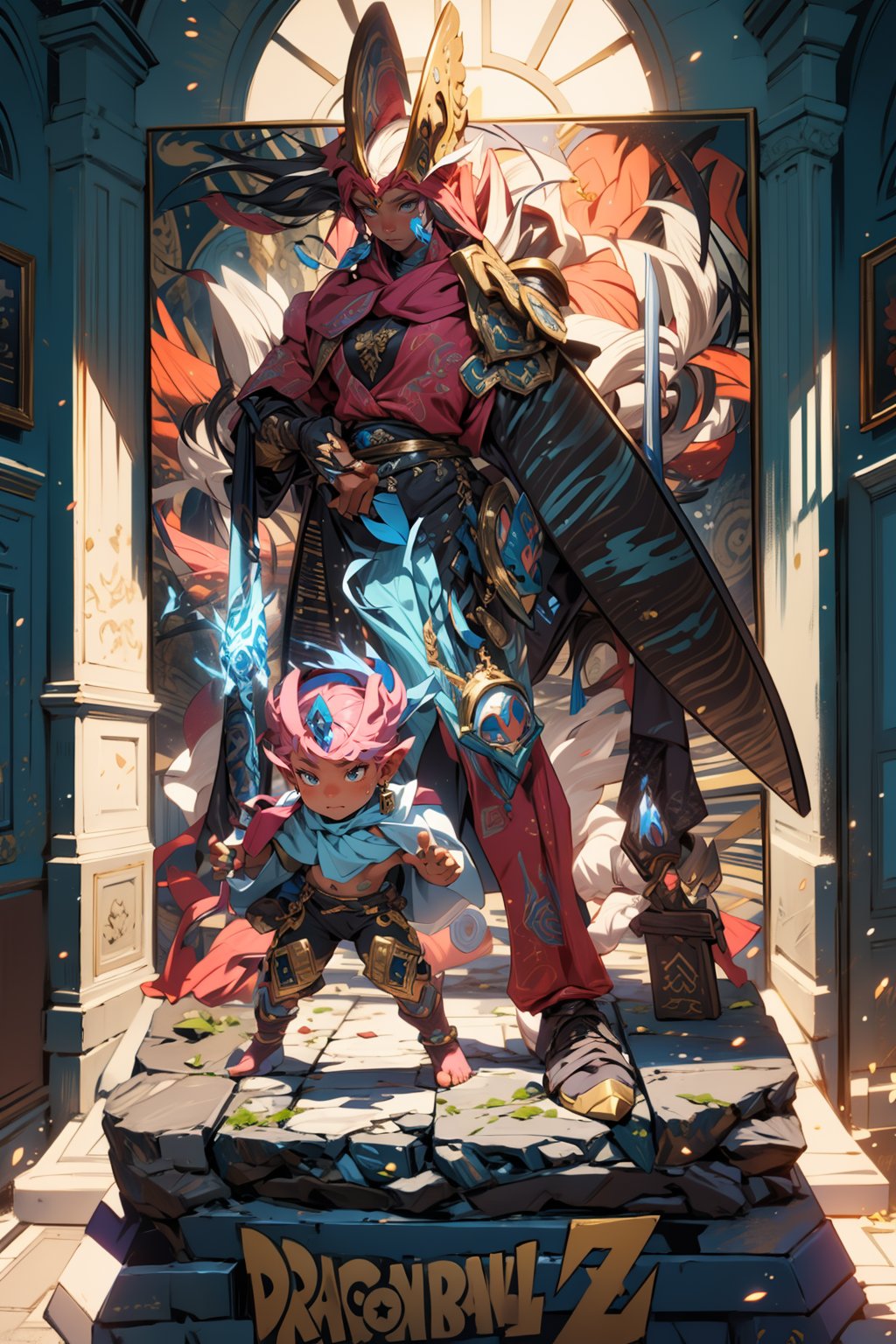 (masterpiece), best quality, 1boy, kid, mage, holding_weapon, magic staff, casting colorful magic [Ice | Dragon], magican, wide shot, intricate details, pink particles swirling, ,EnvyBeautyMix23,