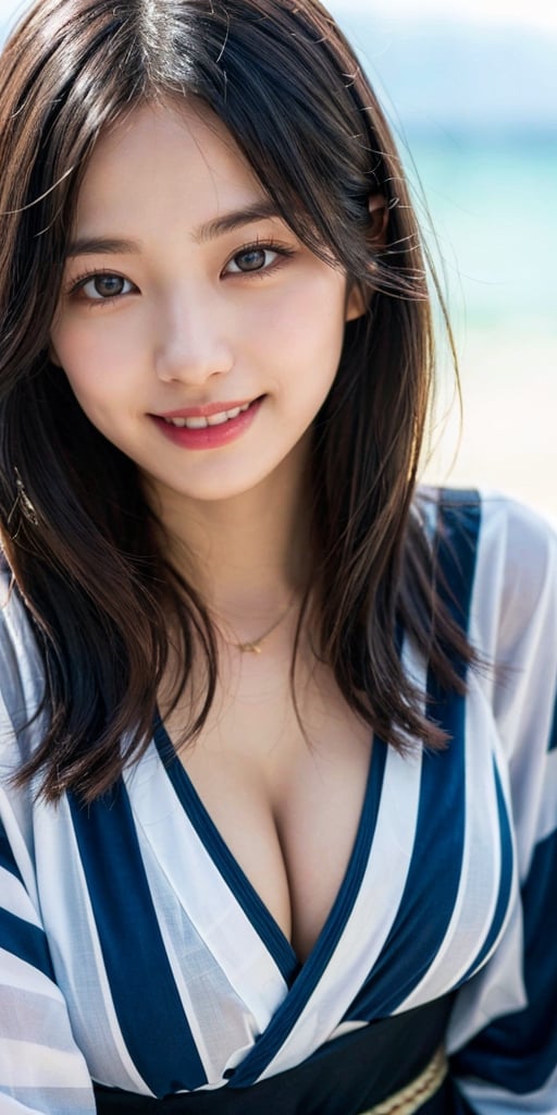 (photorealistic, masterpiece, best quality, raw photo), beautiful women, 20 years old, smiling with visible perfect teeth, detailed beautiful eyes and face, full_body, large-sized breasts, 1girl, portrait, bokeh, masterpiece, accurate, anatomically correct, textured skin, front lighting, using reflectors, f/1.8, 24mm, Nikon D850, regina display, super detail, high details, high quality, best quality, highres, UHD, 1080P, HD, 4K, 8K, long hair, ((close-up:1.3)), yukata, naked, legsJapanese, in navy microbikini, light-brown medium-length hair, realistic detailed skin texture, cleavage, sitting on the beach, natural sunlight, depth of fields, sharp-focus