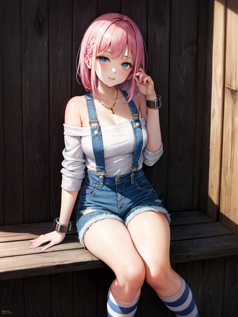 Cute girl, 18 year old, sitting on the floor in wooden house ((rear against the wall)), twiling, ((cuffed denim shortalls)), asymmetrical Bob hair, pink hair, cyan eyes, ((long striped knee socks)), off the shoulder sweater, ultra quality, best quality, ultra detailed, complex background, masterpiece, artstation, unreal engine, detailed background, soft light,