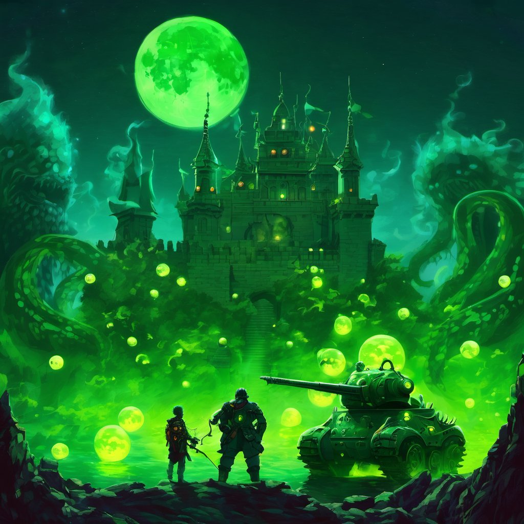 future man in fantasy world, (monsters), tentacles, tank, castle, green fire, moon, dark, night, miasma balls, 