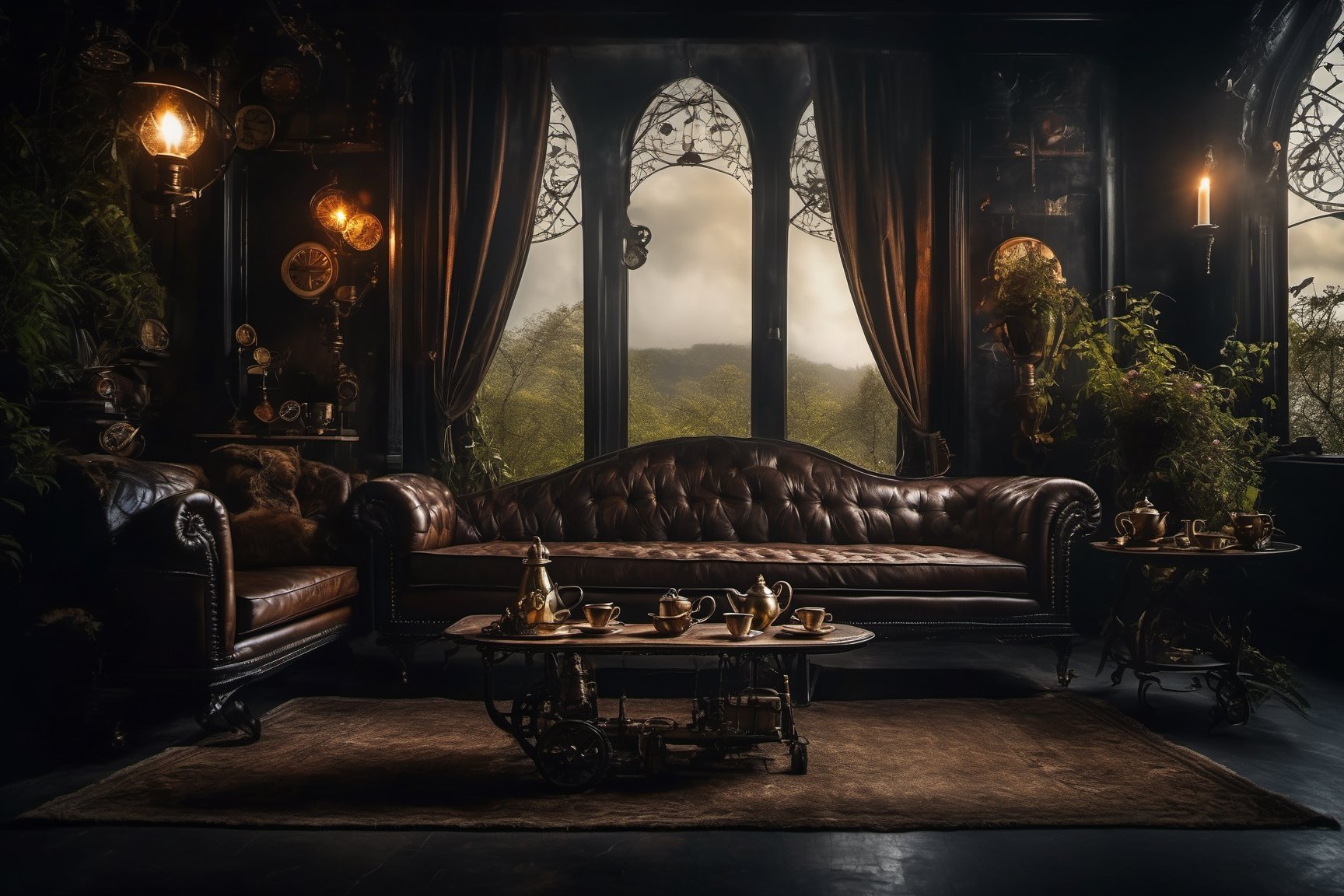 Dark room, steampunk, nature, intricate detail background, ultra quality, live light, sofa, table with tea, mystic, intricate foreground, wild nature, 