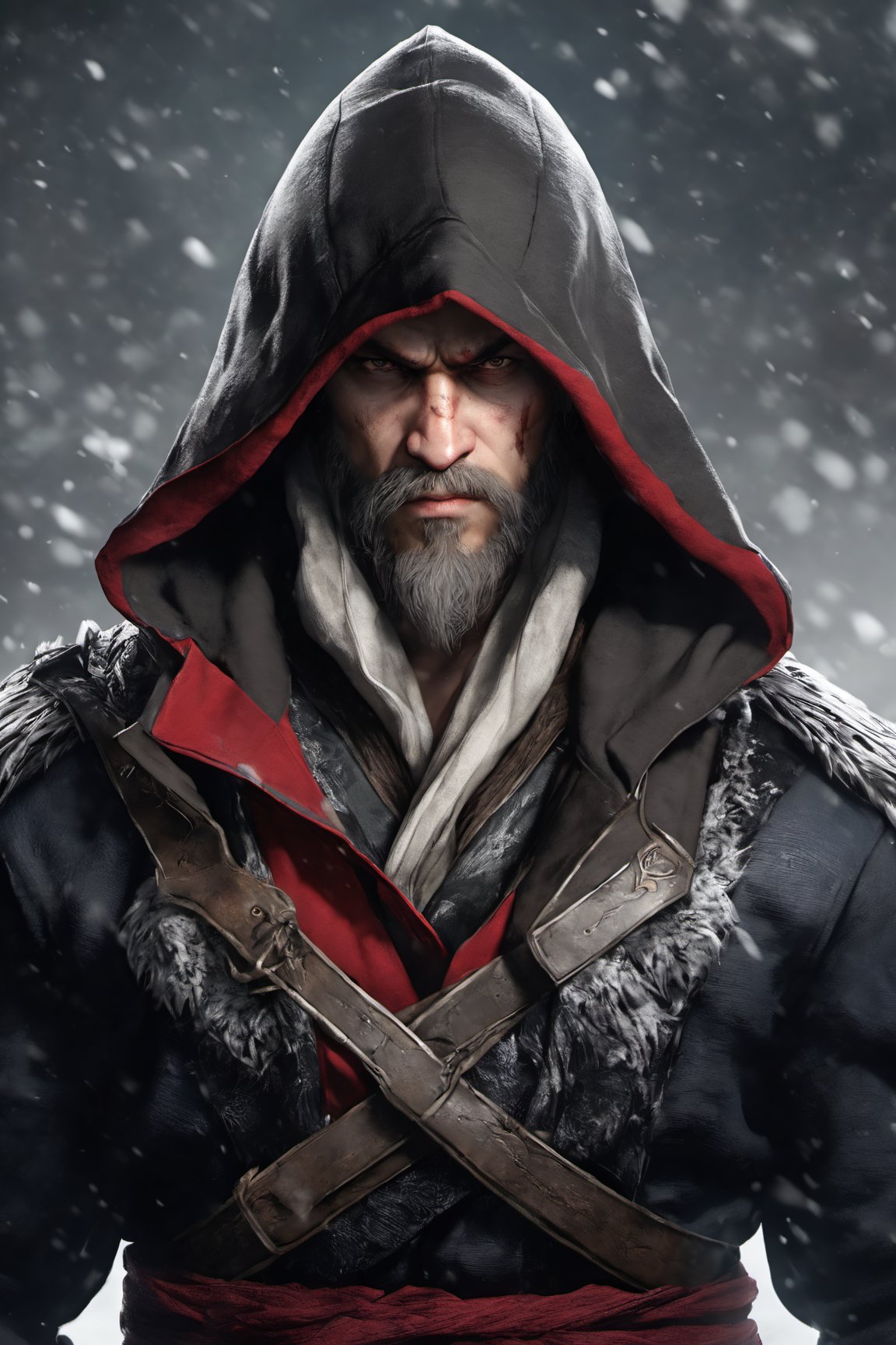 (Highest Quality, 4k, professional lighting, masterpiece, Amazing Details:1.1), (face focus:1.1), (shadowed eyes:1.2), assassin creed, Kratos, winter_clothes, black clothe, hoodie on head, anatomically correct, neutral expression, epic character composition,