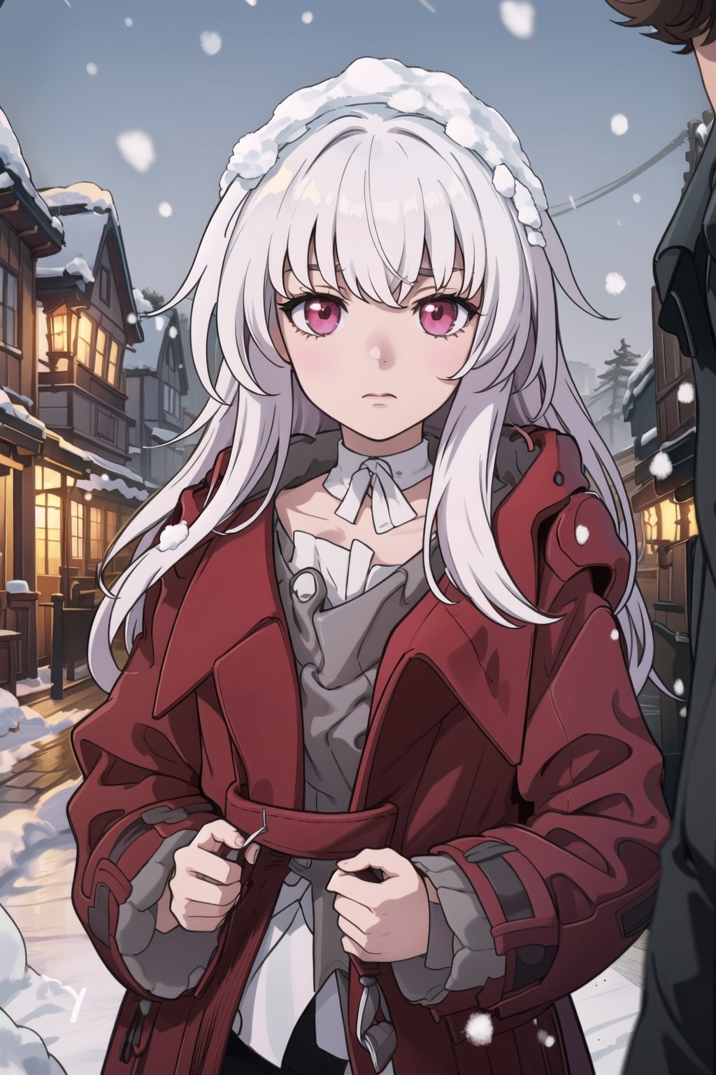 clara, honkai_star_rail, solo, red coat, looking at viewer, neutral expression, upper body, standin, trending, hand in pocket, snow, blizzard, blurry background, (masterpiece, best quality, sharp focus, digital)