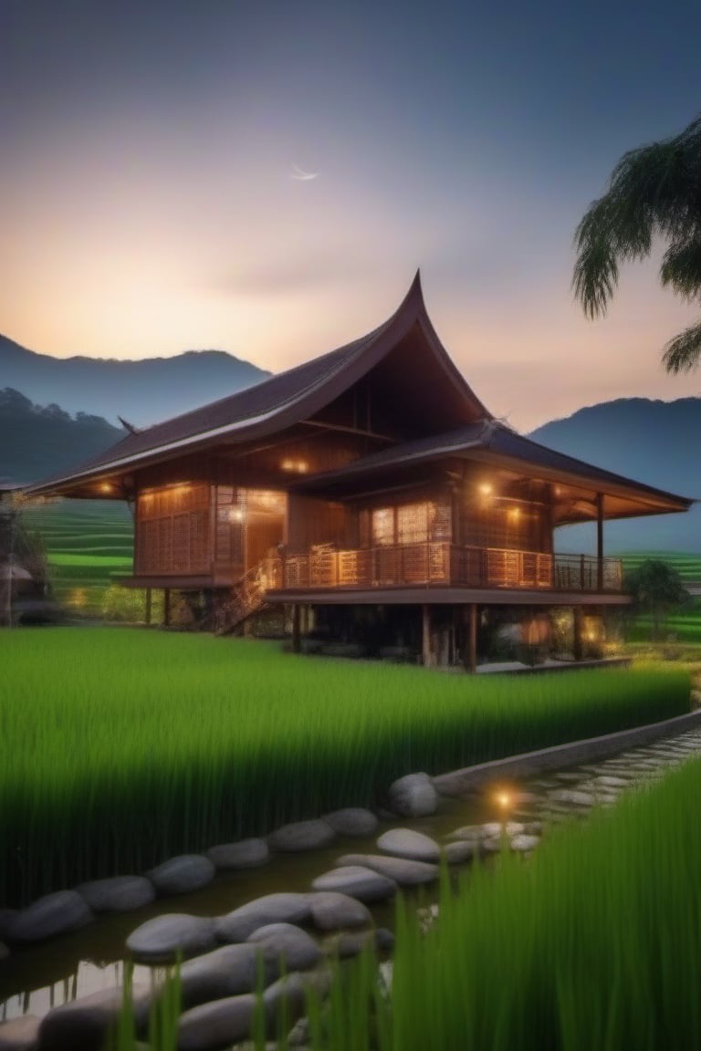 single storey house,
teak wood,
single slope roof,
thai lanna contemporary wooden house, stone driveway,
a small building,
producing many glowing moonlight ores,
HZ Steampunk,
in front of rice paddy,
mountains in distant background,HZ Steampunk