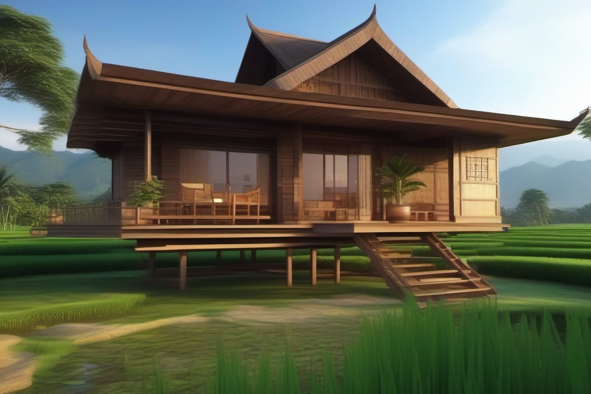 double storey house,
teak wood,
single slope roof,
thai lanna contemporary wooden house, stone driveway,
a small building,
producing many glowing moonlight ores,
HZ Steampunk,
in front of rice paddy,
mountains in distant background,