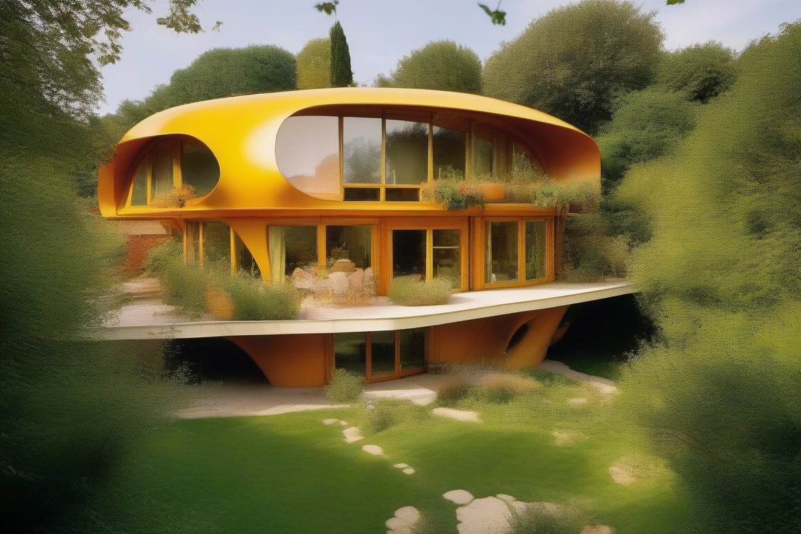 split level single storey house,
styled by richard rogers and le corbusier and frank lloyd wright and renzo piano and frank gehry,
bio earth house
a small building, self build, autonomous
producing many glowing moonlight ores,
in botanical garden,
shade tree,
french cevenne mountains in distant background,photo r3al,HZ Steampunk