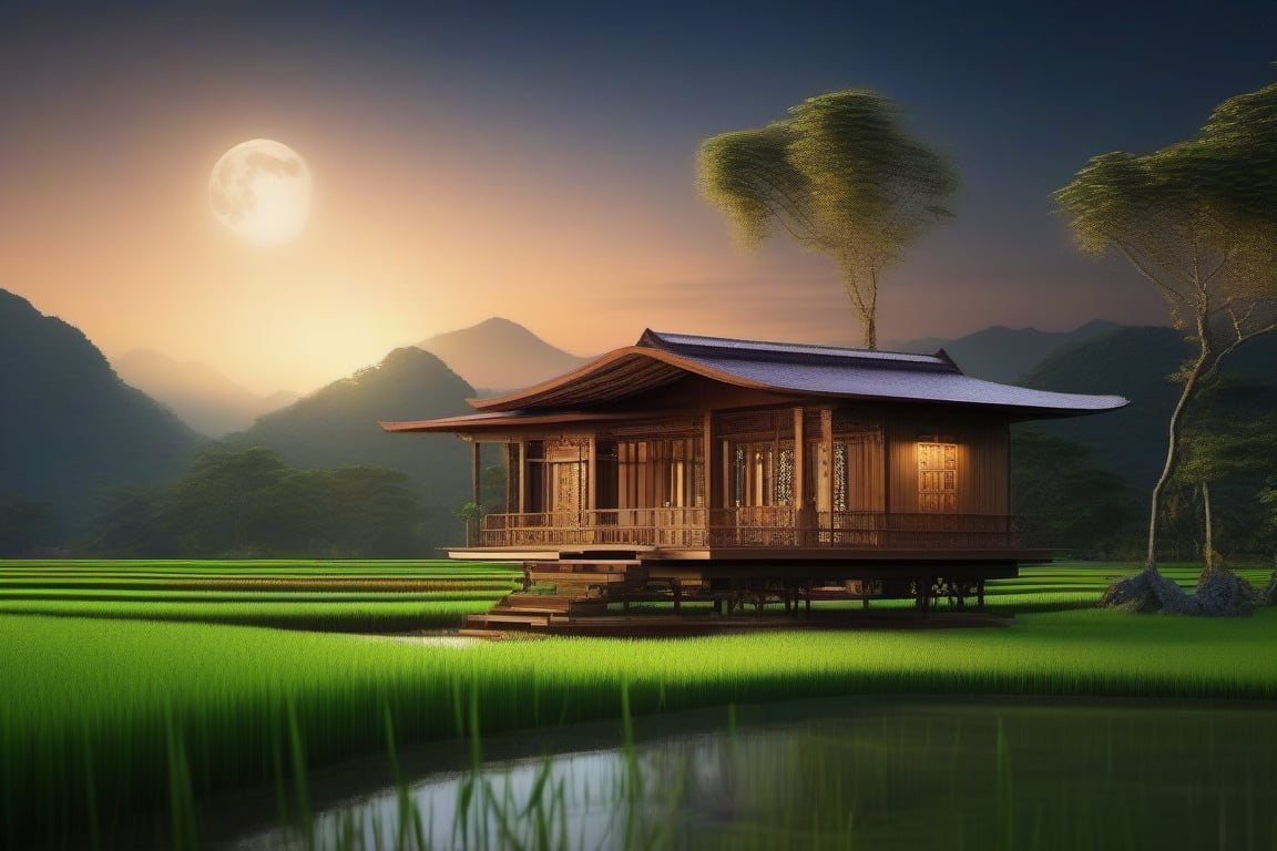 single storey house,
teak wood,
single slope roof,
thai lanna contemporary wooden house, stone driveway,
a small building,
producing many glowing moonlight ores,
HZ Steampunk,
in front of rice paddy,
Thai girl in traditional dress
mountains in distant background,HZ Steampunk