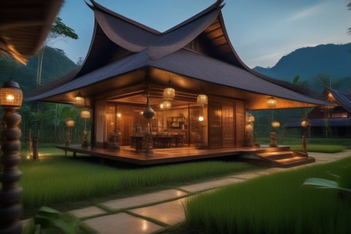 single storey house,
teak wood,
single slope roof,
thai lanna contemporary wooden house, stone driveway,
a small building,
producing many glowing moonlight ores,
HZ Steampunk,
in front of rice paddy,
Thai girl in traditional lanna dress
mountains in distant background,HZ Steampunk