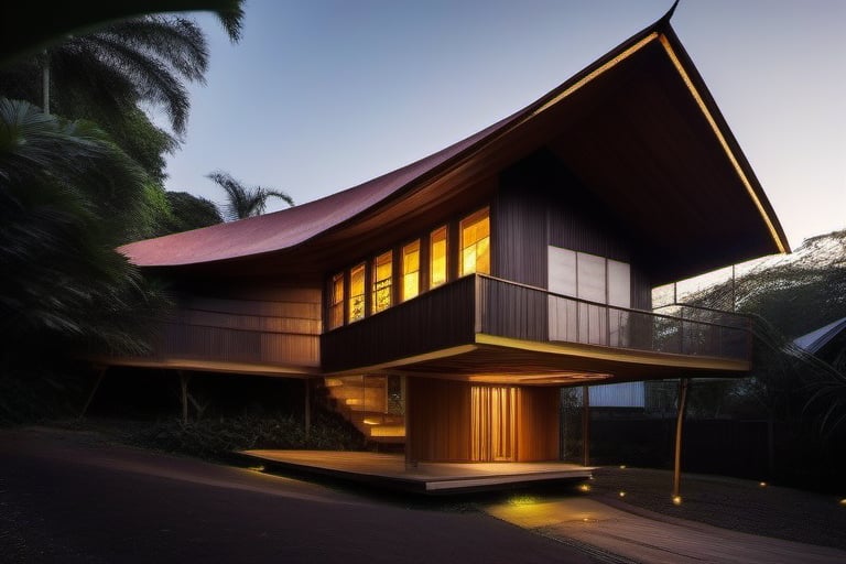 double storey house 
sacred geometry
single slope roof
thai lanna contemporary wood house
old landrover in driveway
,a small building,producing many glowing moonlight ores,HZ Steampunk