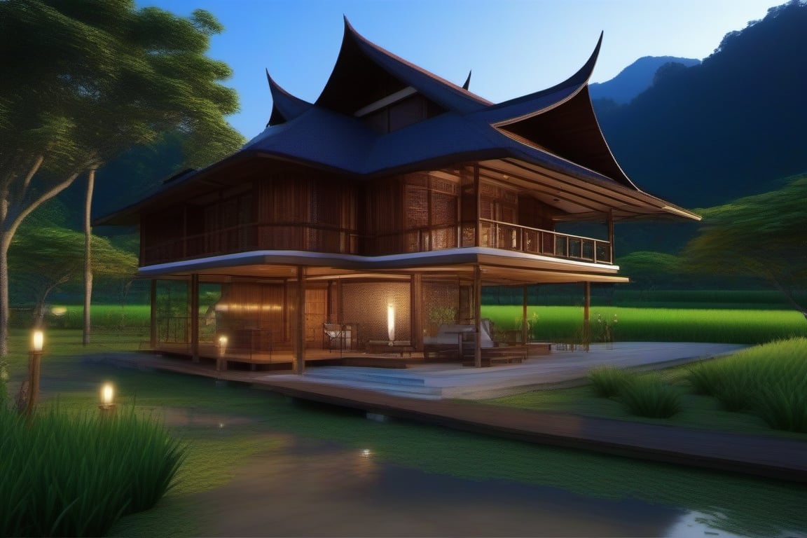 double storey house,
teak wood,
single slope roof,
thai lanna contemporary wooden house, stone driveway,
a small building,
producing many glowing moonlight ores,
HZ Steampunk,
in front of rice paddy,
mountains in distant background,