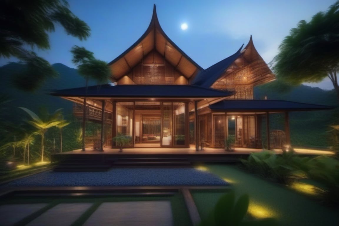 single storey house,
teak wood,
single slope roof,
thai lanna contemporary wooden house, stone driveway,
a small building,
producing many glowing moonlight ores,
HZ Steampunk,
in front of rice paddy,
mountains in distant background,HZ Steampunk