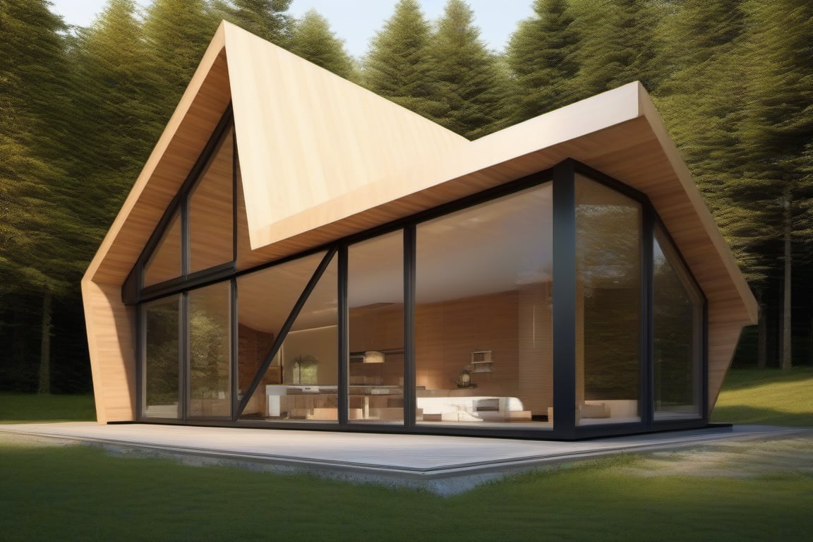 small house single pitched roof approximately 3,8 meters wide by 8m long, using harmonic geometry of fibonacci proportions and all functional structural elements visible, in the quantum field, styled by michaelangelo, masterpiece, best quality, ultra realistic, 32k, RAW photo, high detailed ,photo r3al