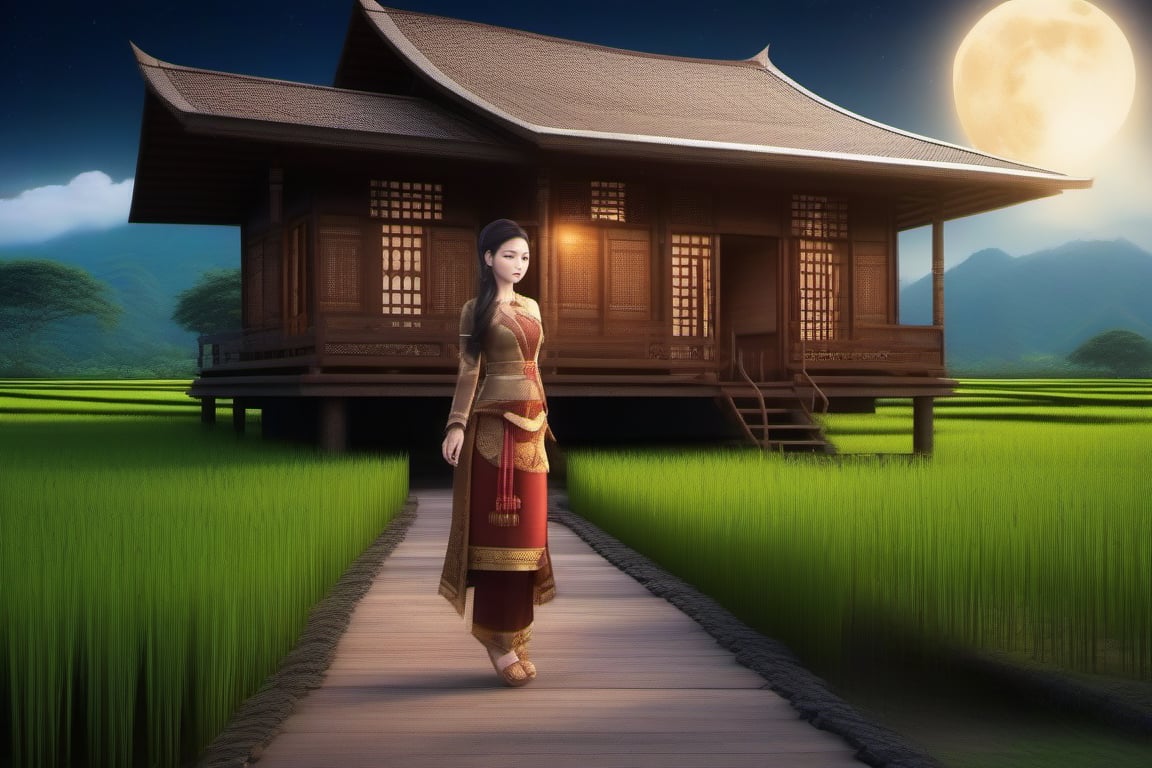 single storey house,
teak wood,
single slope roof,
thai lanna contemporary wooden house, stone driveway,
a small building,
producing many glowing moonlight ores,
HZ Steampunk,
in front of rice paddy,
Thai girl in traditional dress
mountains in distant background,HZ Steampunk