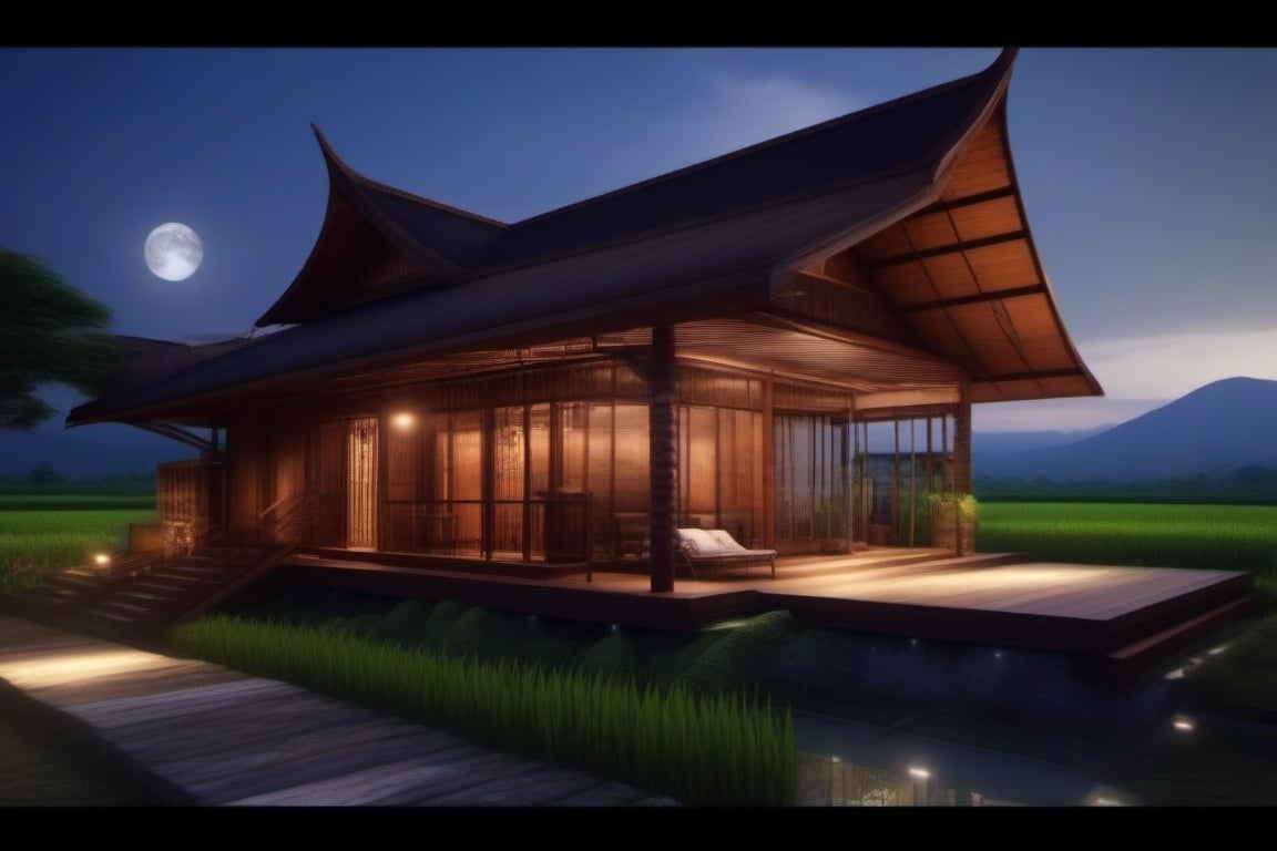 single storey house,
teak wood,
single slope roof,
thai lanna contemporary wooden house, stone driveway,
a small building,
producing many glowing moonlight ores,
HZ Steampunk,
in front of rice paddy,
mountains in distant background,HZ Steampunk