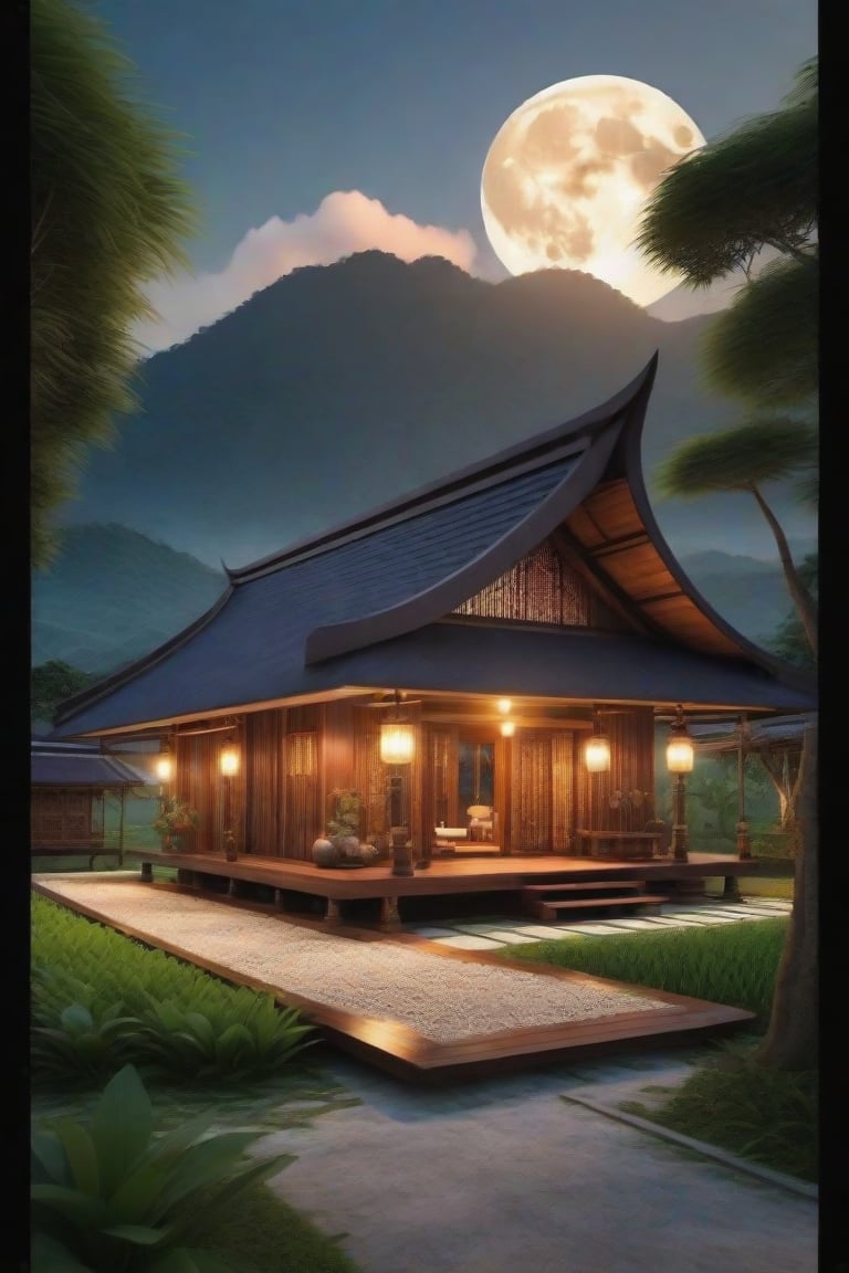 single storey house,
teak wood,
single slope roof,
thai lanna contemporary wooden house, stone driveway,
a small building,
producing many glowing moonlight ores,
HZ Steampunk,
in front of rice paddy,
mountains in distant background,HZ Steampunk