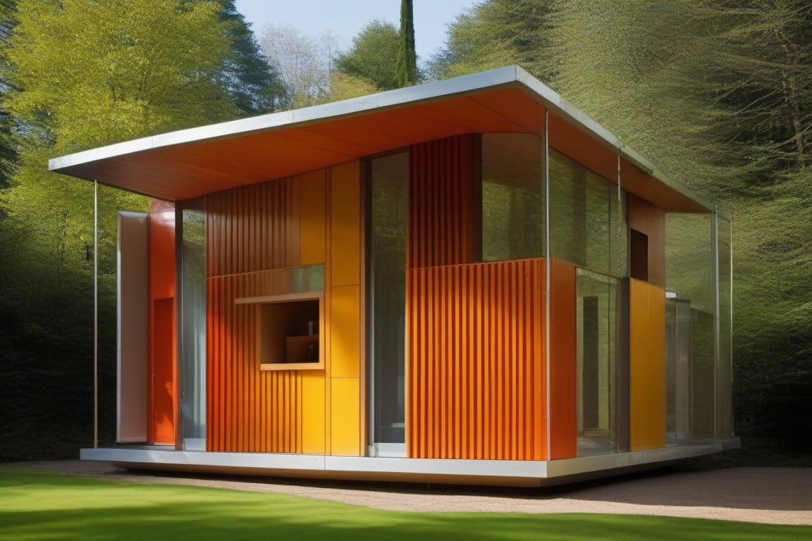 small house approximately 3,8 meters wide by 8m long, using harmonic geometry of fibonacci proportions and all functional structural elements visible, in the quantum field, styled by renzo piano and richard rodgers, masterpiece, best quality, ultra realistic, 32k, RAW photo, high detailed ,photo r3al