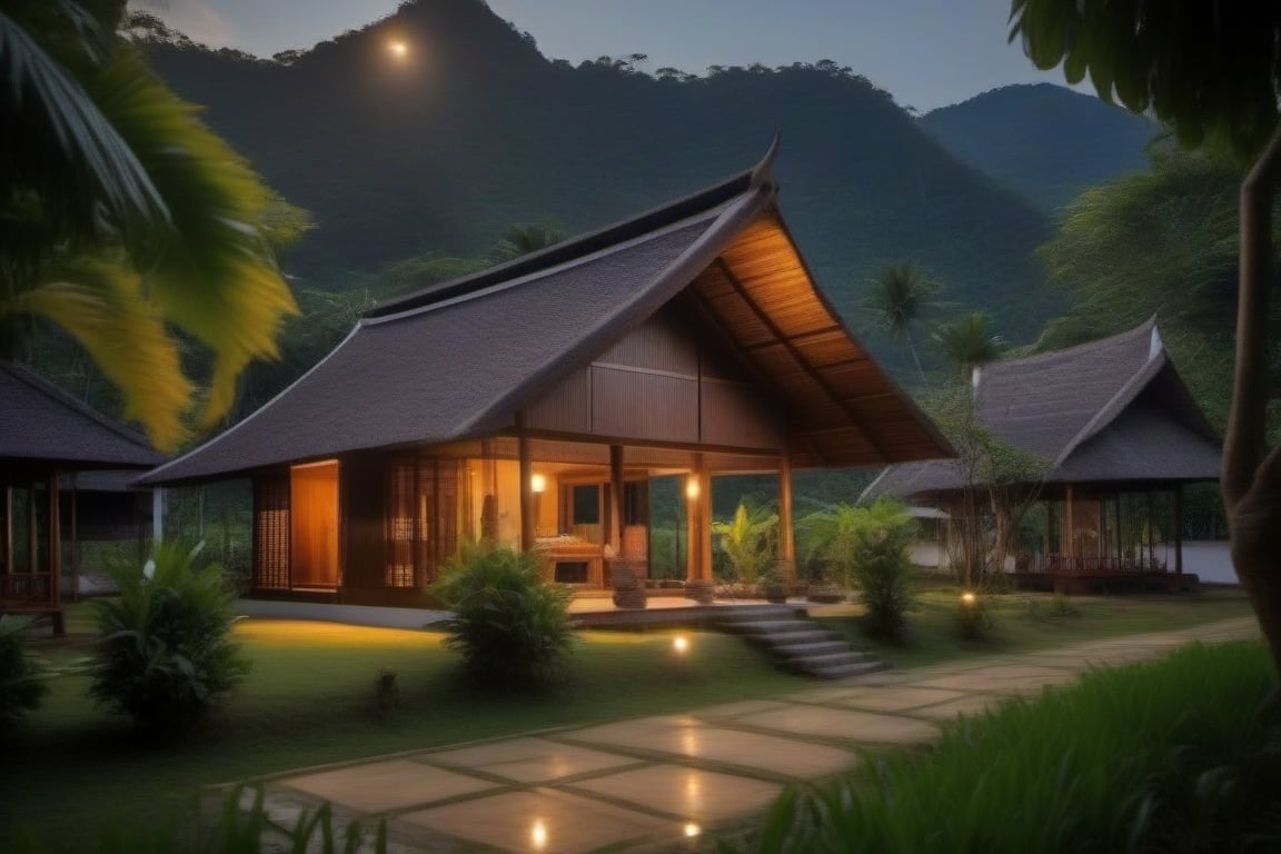 single storey house,
teak wood,
single slope roof,
thai lanna contemporary wooden house, stone driveway,
a small building,
producing many glowing moonlight ores,
in front of rice paddy,
mango tree,
Thai girl in traditional lanna dress
mountains in distant background