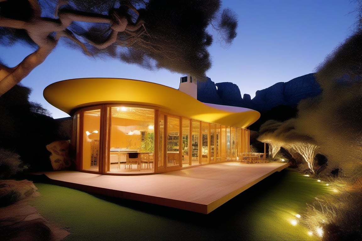 split level single storey house,
styled by richard rogers and le corbusier and frank lloyd wright and renzo piano and frank gehry,
bio earth house
a small building, self build, autonomous
producing many glowing moonlight ores,
in botanical garden,
shade tree,
in front of the table mountain in cape town

