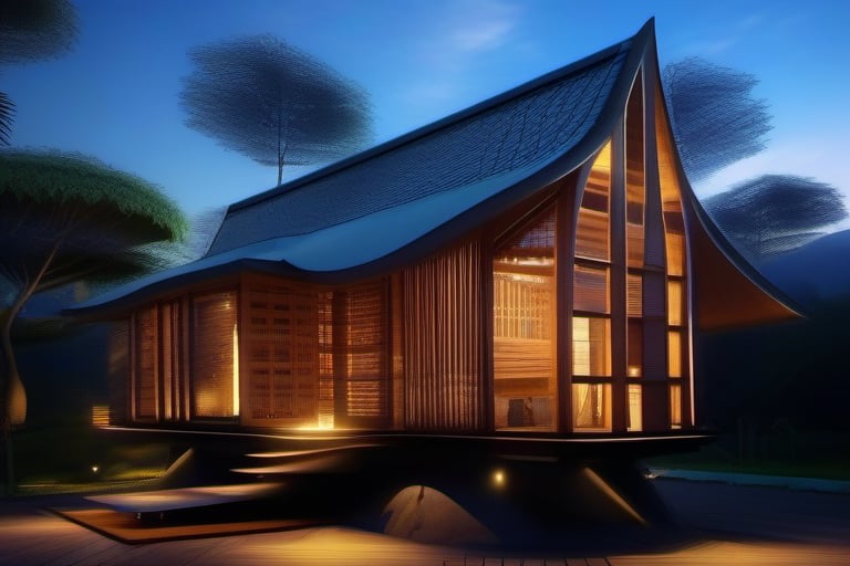 double storey house 
sacred geometry
single slope roof
thai lanna contemporary wood house
old landrover in driveway
,a small building,producing many glowing moonlight ores,HZ Steampunk