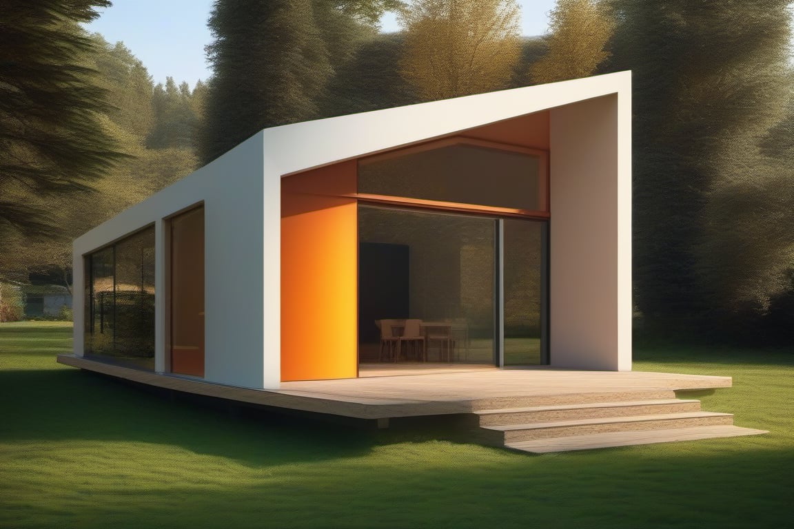 small house single pitched roof approximately 3,8 meters wide by 8m long, using harmonic geometry of fibonacci proportions and all functional structural elements visible, in the quantum field, styled by lecorbusier, masterpiece, best quality, ultra realistic, 32k, RAW photo, high detailed ,photo r3al