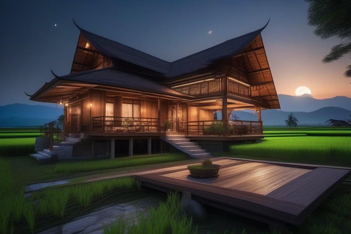 double storey house,
teak wood,
single slope roof,
thai lanna contemporary wooden house, stone driveway,
,a small building,
producing many glowing moonlight ores,
HZ Steampunk,
in front of rice paddy,
mountains in distant background,