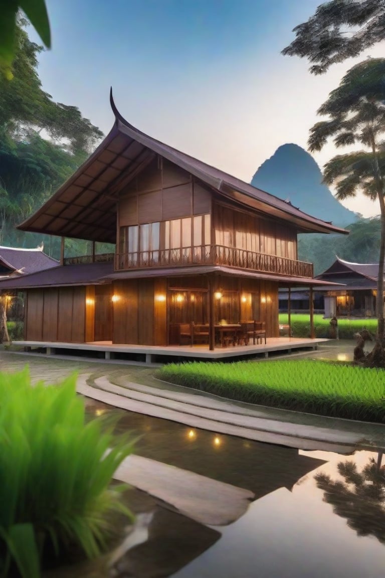 single storey house,
teak wood,
single slope roof,
thai lanna contemporary wooden house, stone driveway,
a small building,
producing many glowing moonlight ores,
HZ Steampunk,
in front of rice paddy,
mountains in distant background,HZ Steampunk