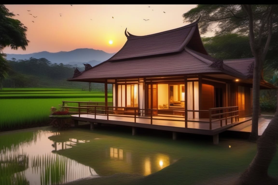 single storey house,
teak wood,
single slope roof,
thai lanna contemporary wooden house, stone driveway,
a small building,
producing many glowing moonlight ores,
in front of rice paddy,
mango tree,
Thai girl in traditional lanna dress,
mountains in distant background,photo r3al