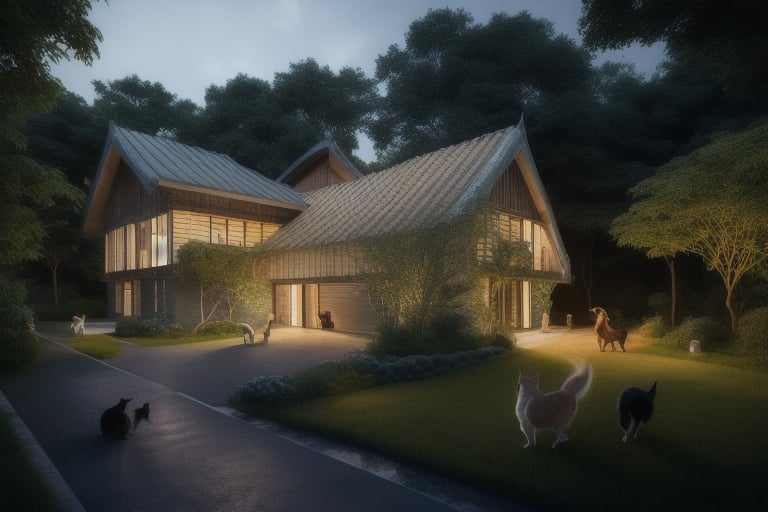 golden ratio
natural 
double storey house
single slope roof
thai lanna contemporary wood house
old landrover in driveway
three chihauhau dogs on lawn
two cats playing