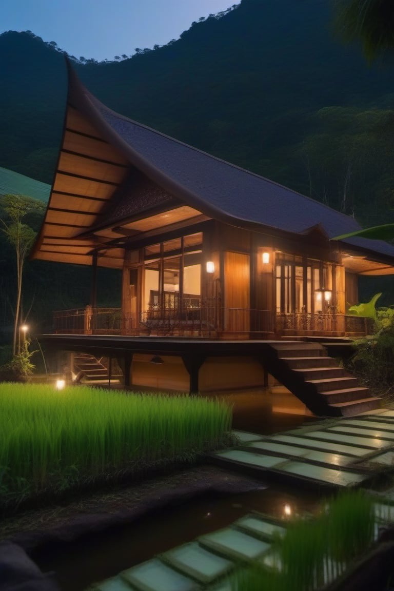 single storey house,
teak wood,
single slope roof,
thai lanna contemporary wooden house, stone driveway,
a small building,
producing many glowing moonlight ores,
HZ Steampunk,
in front of rice paddy,
mountains in distant background,HZ Steampunk