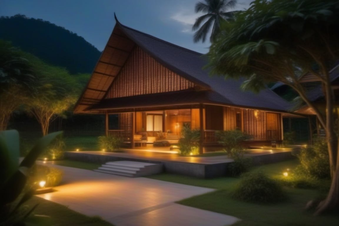 single storey house,
teak wood,
single slope roof,
thai lanna contemporary wooden house, stone driveway,
a small building,
producing many glowing moonlight ores,
in front of rice paddy,
mango tree,
Thai girl in traditional lanna dress
mountains in distant background