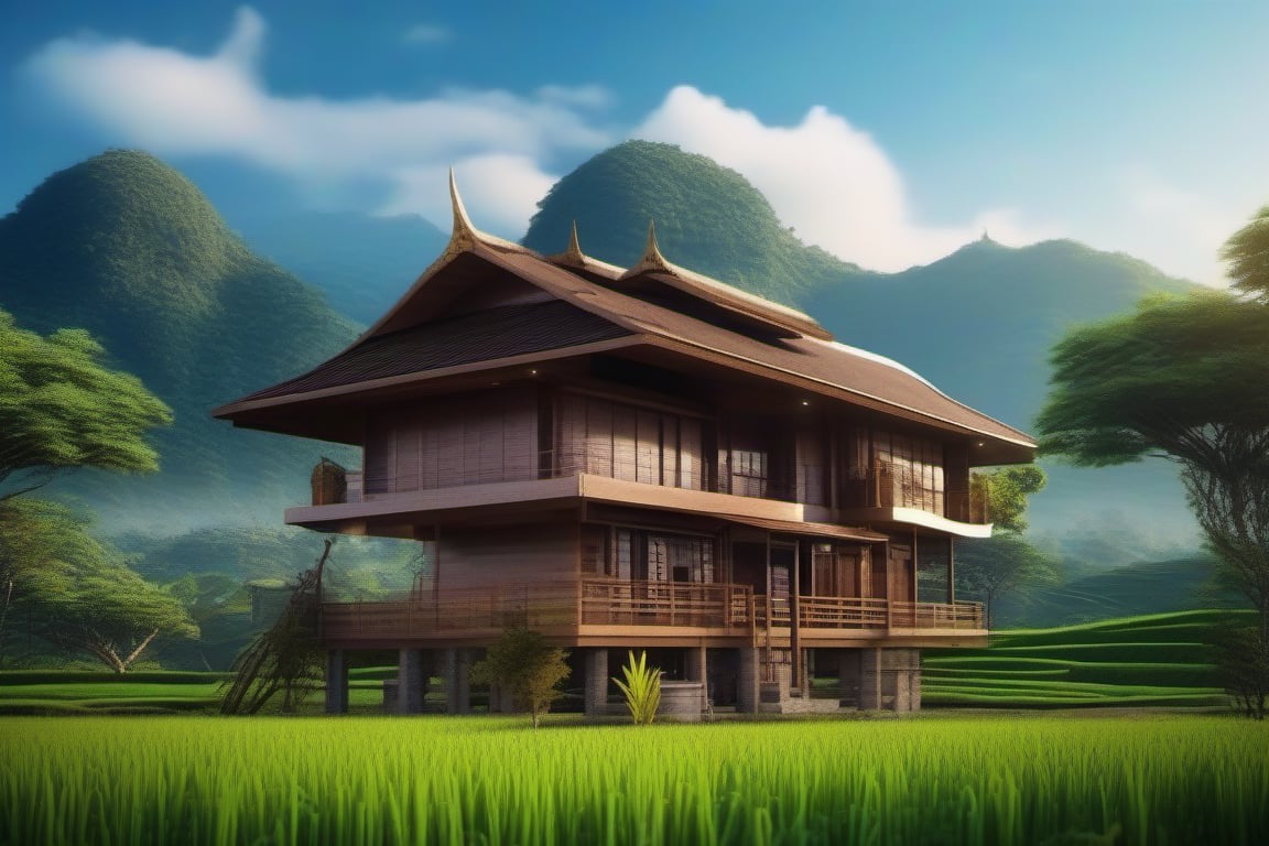 double storey house,
teak wood,
single slope roof,
thai lanna contemporary wooden house, stone driveway,
a small building,
producing many glowing moonlight ores,
HZ Steampunk,
in front of rice paddy,
mountains in distant background,