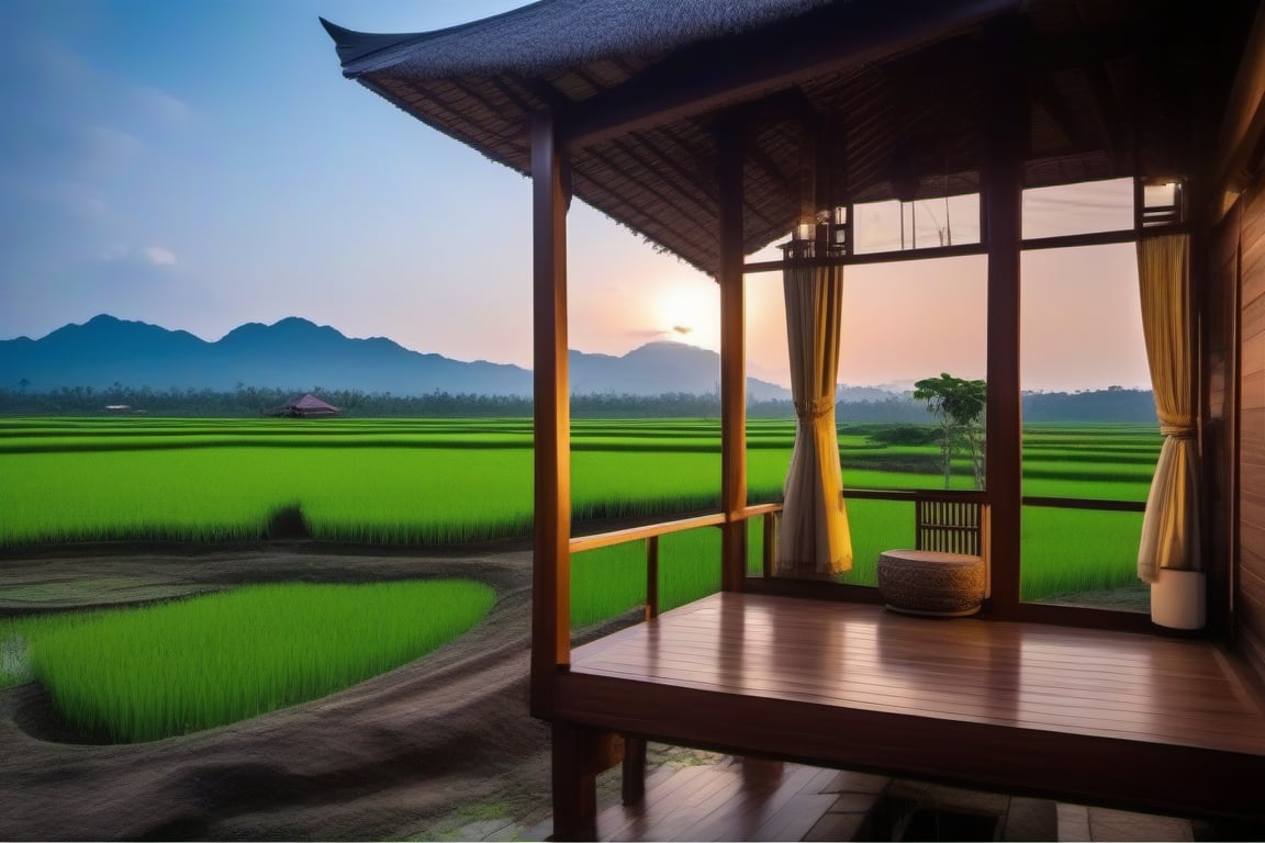 double storey house,
teak wood,
single slope roof,
thai lanna contemporary wooden house, stone driveway,
a small building,
producing many glowing moonlight ores,
HZ Steampunk,
in front of rice paddy,
mountains in distant background,