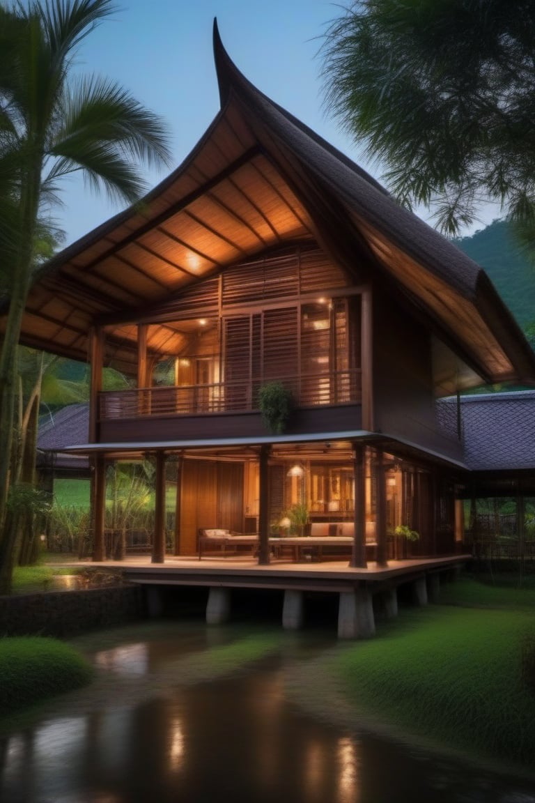 single storey house,
teak wood,
single slope roof,
thai lanna contemporary wooden house, stone driveway,
a small building,
producing many glowing moonlight ores,
HZ Steampunk,
in front of rice paddy,
mountains in distant background,HZ Steampunk