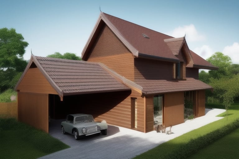 golden ratio
natural 
double storey house
single slope roof
thai lanna contemporary wood house
old landrover in driveway
three chihauhaus on lawn
two cats sitting in window