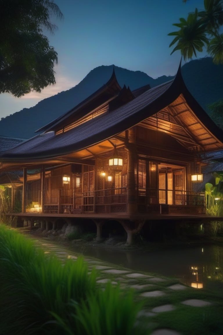 single storey house,
teak wood,
single slope roof,
thai lanna contemporary wooden house, stone driveway,
a small building,
producing many glowing moonlight ores,
HZ Steampunk,
in front of rice paddy,
mountains in distant background,HZ Steampunk