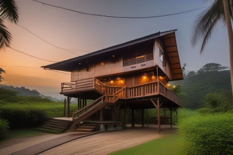 double storey house on stilts 
stairs in front and back
teak shingles on single slope roof
thai lanna contemporary wood house
very old landrover in driveway
,a small building,producing many glowing moonlight ores,HZ Steampunk