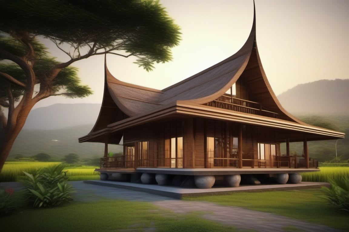 double storey house,
teak wood,
single slope roof,
thai lanna contemporary wooden house, stone driveway,
a small building,
producing many glowing moonlight ores,
HZ Steampunk,
in front of rice paddy,
mountains in distant background,