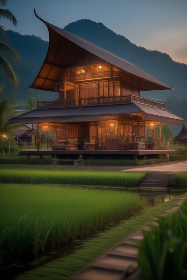 single storey house,
teak wood,
single slope roof,
thai lanna contemporary wooden house, stone driveway,
a small building,
producing many glowing moonlight ores,
HZ Steampunk,
in front of rice paddy,
Thai girl in traditional lanna dress
mountains in distant background,HZ Steampunk