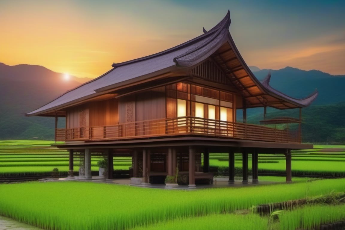 double storey house,
teak wood,
single slope roof,
thai lanna contemporary wooden house, stone driveway,
,a small building,
producing many glowing moonlight ores,
HZ Steampunk,
in front of rice paddy,
mountains in distant background,