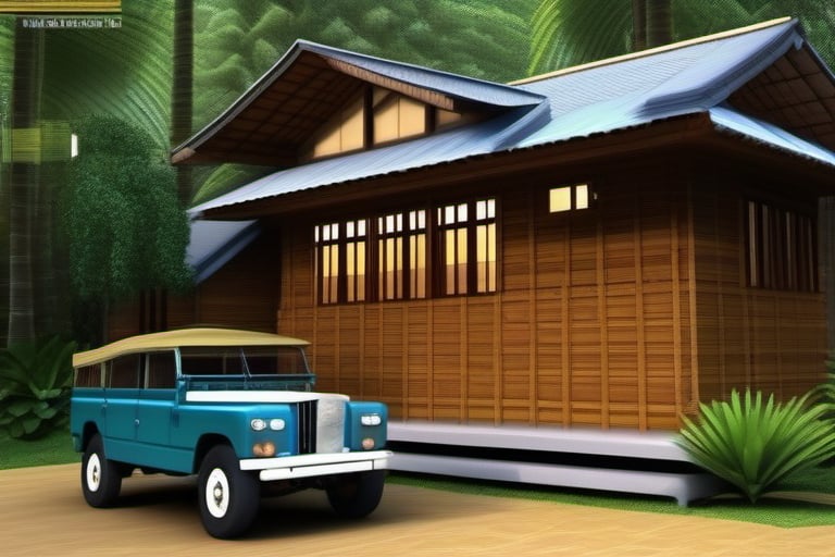 double storey house
stairs in front and back
teak shingles on single slope roof
thai lanna contemporary wood house
very old landrover in driveway
,a small building,producing many glowing moonlight ores,HZ Steampunk