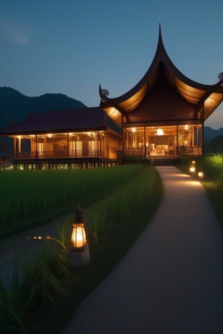 single storey house,
teak wood,
single slope roof,
thai lanna contemporary wooden house, stone driveway,
a small building,
producing many glowing moonlight ores,
HZ Steampunk,
in front of rice paddy,
Thai girl in traditional lanna dress
mountains in distant background,HZ Steampunk