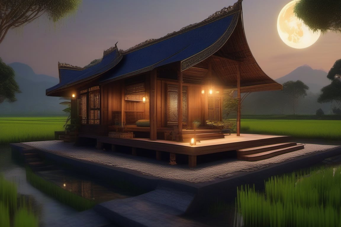 single storey house,
teak wood,
single slope roof,
thai lanna contemporary wooden house, stone driveway,
a small building,
producing many glowing moonlight ores,
HZ Steampunk,
in front of rice paddy,
Thai girl in traditional dress
mountains in distant background,HZ Steampunk