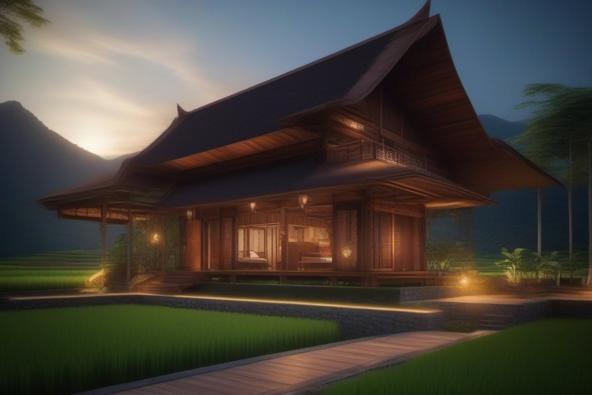 single storey house,
teak wood,
single slope roof,
thai lanna contemporary wooden house, stone driveway,
a small building,
producing many glowing moonlight ores,
HZ Steampunk,
in front of rice paddy,
mountains in distant background,HZ Steampunk