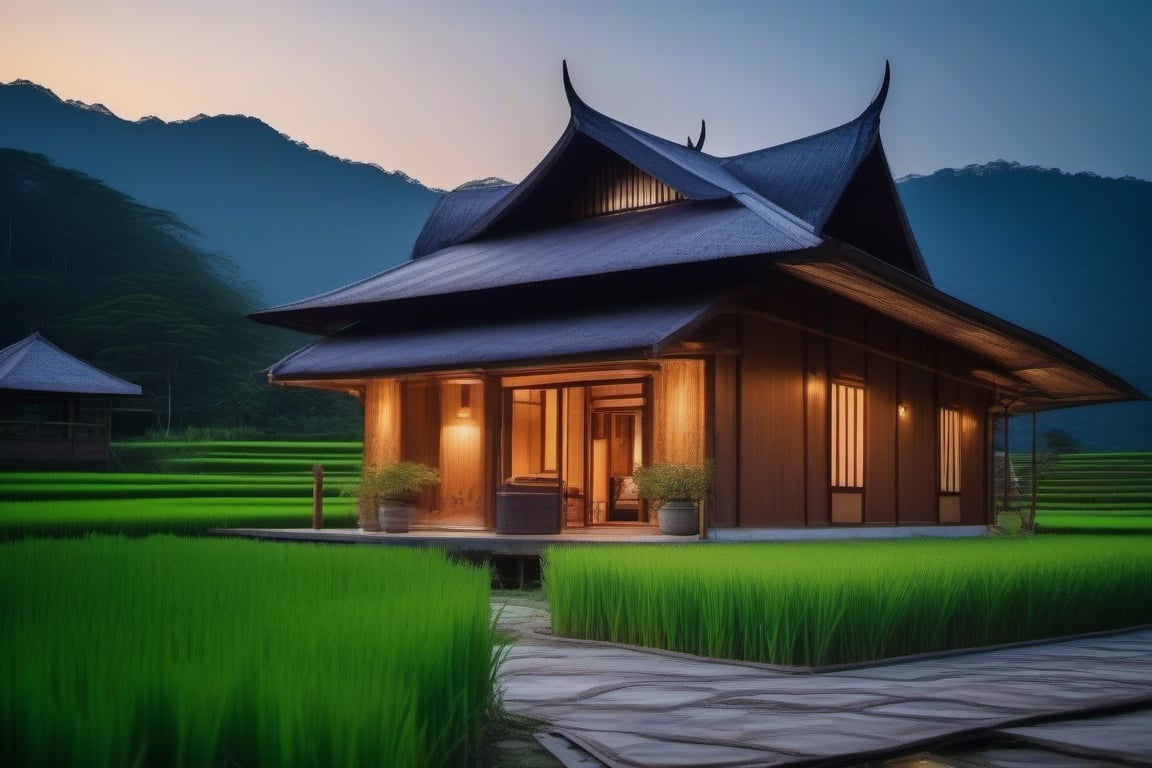 double storey house,
teak wood,
single slope roof,
thai lanna contemporary wooden house, stone driveway,
,a small building,
producing many glowing moonlight ores,
HZ Steampunk,
in front of rice paddy,
mountains in distant background,