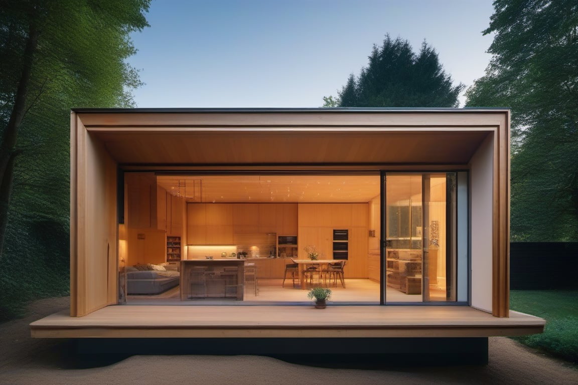 small house 3,8 meters wide by 8m long, built using harmonic geometry of fibonacci proportions and all functional services elements visible, in the quantum field, styled by renzo piano and richard rodgers, masterpiece, best quality, ultra realistic, 32k, RAW photo, high detailed ,photo r3al