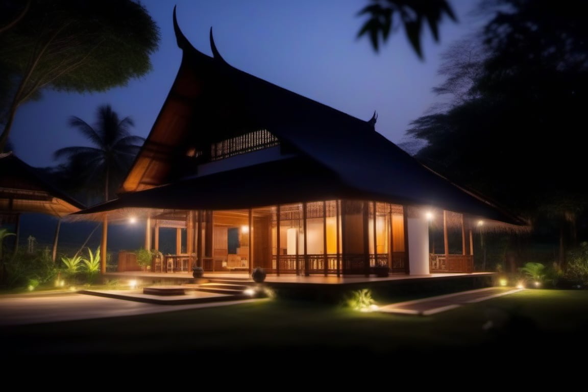 single storey house,
teak wood,
single slope roof,
thai lanna contemporary wooden house, stone driveway, tropical garden,
a small building,
producing many glowing moonlight ores,
in front of rice paddy,
mango tree,
Thai girl in traditional lanna dress,
mountains in distant background,photo r3al