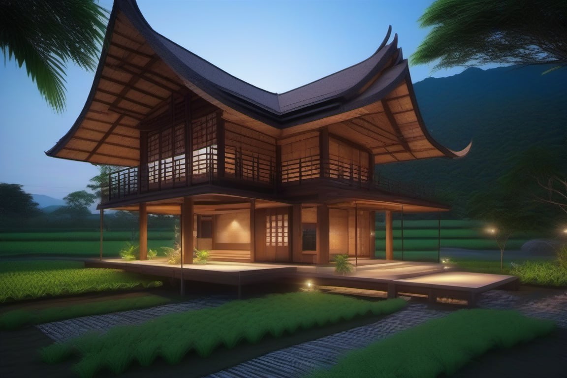 double storey house,
teak wood,
single slope roof,
thai lanna contemporary wooden house, stone driveway,
a small building,
producing many glowing moonlight ores,
HZ Steampunk,
in front of rice paddy,
mountains in distant background,