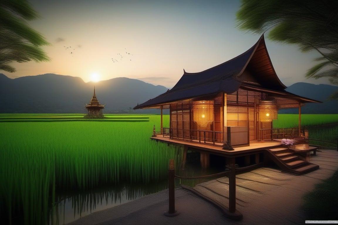 single storey house,
teak wood,
single slope roof,
thai lanna contemporary wooden house, stone driveway,
a small building,
producing many glowing moonlight ores,
HZ Steampunk,
in front of rice paddy,
Thai girl in traditional dress
mountains in distant background,HZ Steampunk